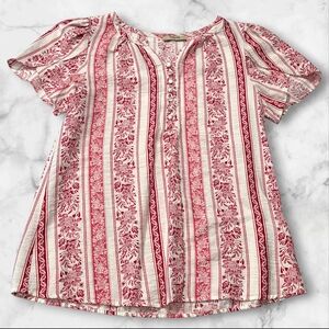 Timeson Short Sleeve Red White Floral Striped Blouse Shirt Size Small (S) A80